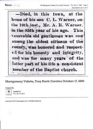 A R Warner  1889 Published Death Notice