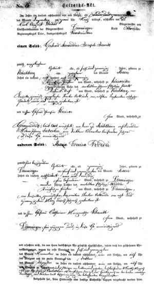 1854 Marriage Record of Gerhard Junk and Louise Roeder, p.1