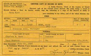 State of Michigan birth certificate for Neva Hunt