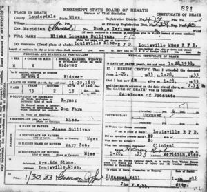 Elisha Lorenza Sullivan Mississippi Death Certificate
