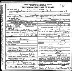 Josephus Groseclose Honeycutt death certificate