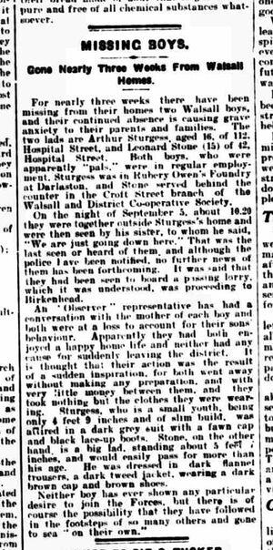 Walsall Observer article on missing Arthur Sturgess