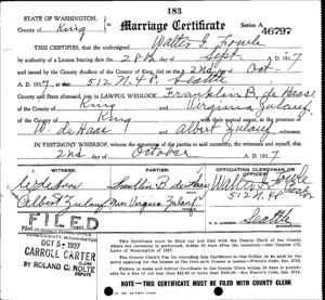 Marriage Certificate for Franklin DeHaas and Virigina Zulauf