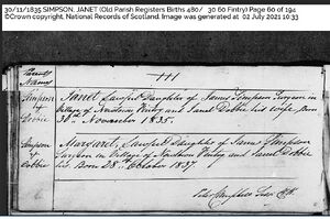 Image of record for Janet Dobbie Simpson in Scotlands People Old Parish Registers Births 480  30 60 Fintry Page 60 of 194