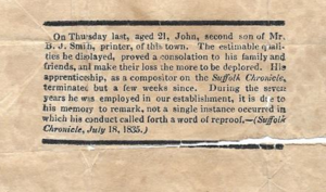 John Smith's Obituary (1835) - The Suffolk Chronicle