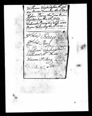 John Peery and Deborah Kidd family bible, page 1, scanned from Deborah's Revolutionary War Widow's pension file application