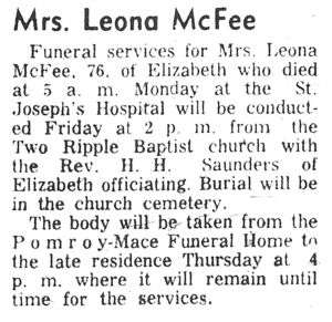 Leona (Martin) McFee Funeral and Burial