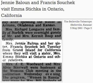 Jennie Baloun and Francis Souchek visit Emma Stichka in Ontario, California Belleville Telescope May 5, 1960