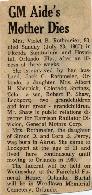 Obituary for Violet B. (Perry) Shaw aka Rothmeier