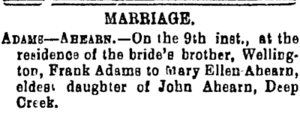 Frank Adams marriage to Mary Ellen Ahearn
