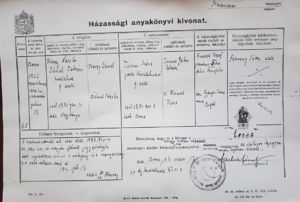 Marriage certificate of László Dániel István Kóczy and Mária Timis, 1922