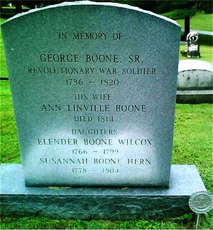 George Boone (Senior) Ann Nancy Linville Boone Madison County, KY  In Memory of   George Boone, Sr, Revolutionary           War Soldier 1736-1820  His Wife Ann Linville Boone Died 1814  Daughters  Elender Boone Wilcox 1766-1799  Susannah Boone Hern 1778-1