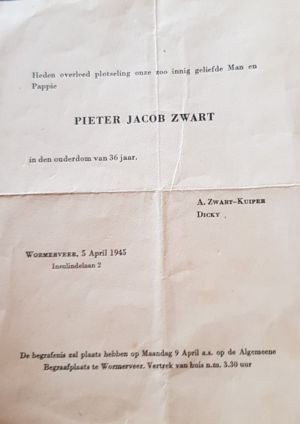 Death Notice -  Pieter Jacob Zwart