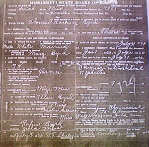 Thomas Rasberry Byrd death certificate