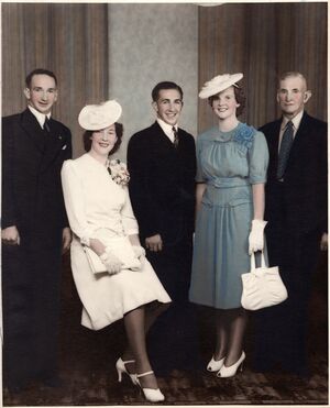 Wedding photograph of Isa Muir and Mick O’Leary, (with Tom O’Leary,  Joyce Muir and John Muir)