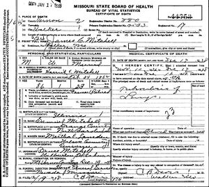 James C Mitchell Death Certificate 1938  Vernon County Missouri