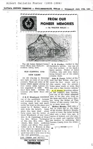 FOSTER A. G. Pioneer newspaper article