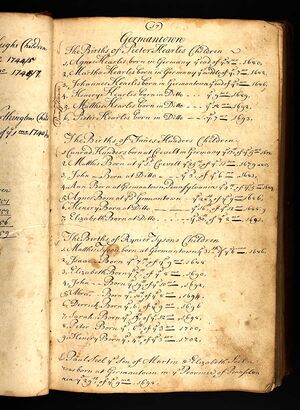 Documentation on Birth of Children of Johannes Pieter Keurlis of Germantown in the U.S., Quaker Meeting Records, 1681-1935