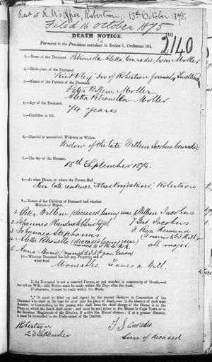 Death Notice 18th Sept 1875 (Filed 16th Oct 1875) Petronella Aletta Moller Conradie 
