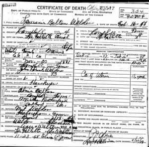 Death Certificate (Delayed)  - For Louranie Bolton Walden, daughter of Alvis & Martha (Rutherford) Bolton & wife of John Frank Walden