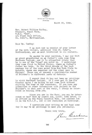 letter to Rev. Bill Coffee, from John Bracken 1883-1969
