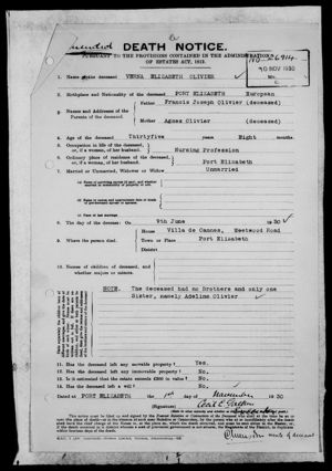 Death Notice Verna Elizabeth Olivier : 1930-06-09