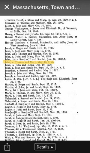 John Stevens Birth Record (1710)