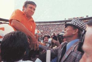 Coach Bryant congratulates Coach Johnny Majors after Tennessee's victory in 1982..