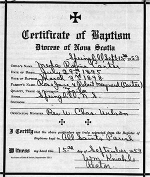 Meda Robina Carter's Baptism Certificate