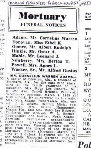 Cornelius Warren Adams Obituary