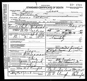 Death Certificate fro Serena Seaman Calkins