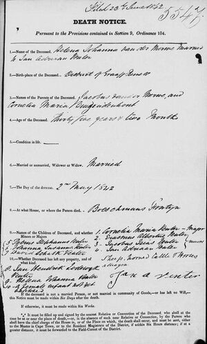 Death notice of Helena Johanna van der Merwe 1807 - 1842