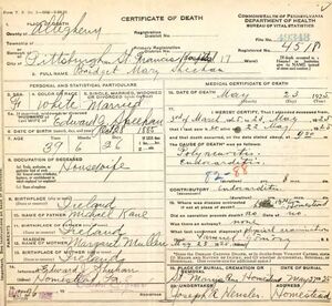 Bridget Mary Kane Sheehan death certificate