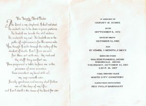 Obituary card of Harvey Kimes 1872-1955