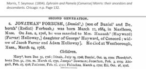 Jonathan Forbush in Ephram and Pamela Morris Ancestors- page 132