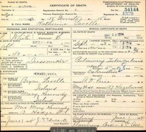 Death Certificate for Katherine Lavelle