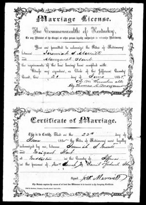 Marriage cert. for Jeremiah Merritt and Margaret Hart