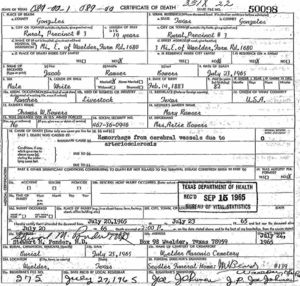 Jacob Bowers Death Certificate