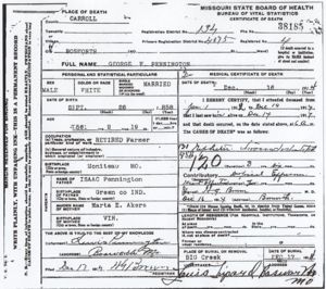 George Washington Pennington Death Certificate