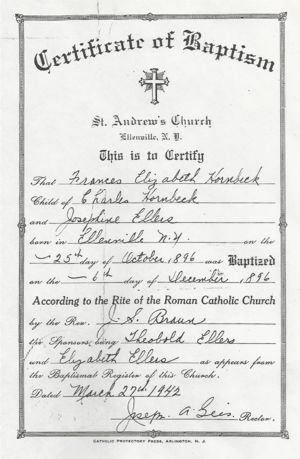 Baptism Certificate for Frances Elizabeth Hornbeck