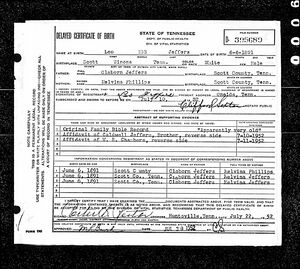 Delayed Birth Record for Leo Jeffers