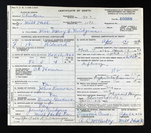 Mary Emma Kunes Bridgens Death Certificate