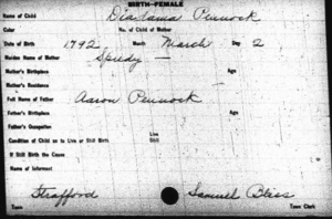 Diedama Pennock birth record index card in VT.