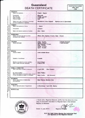 Francis Clayson Death Certificate