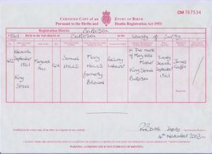 Birth certificate of Margaret Ann Hills