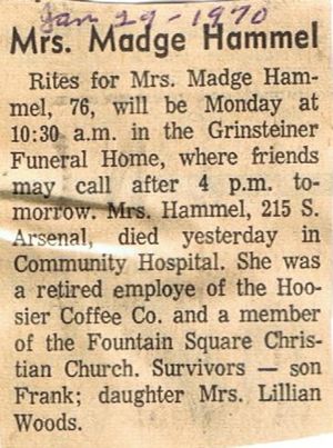 Obituary of Mrs. Madge Lee Brown Hammel 1893-1970 wife of George Henry Hammel in the Indianapolis Star-News Newspaper