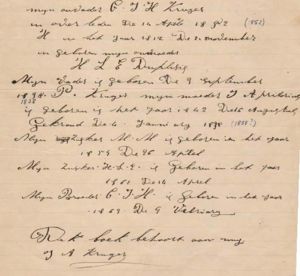 Note written by Casper Kruger's  granddaughter Johanna Adriana, daughter of Piet Kruger, confirming his death date as 14 April 1852