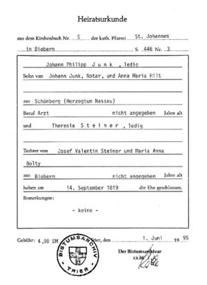 1819 Junk-Steiner Marriage Record