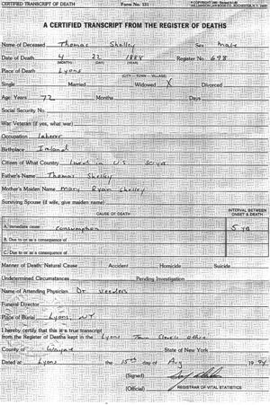 Thomas Patrick Shelley death certificate
