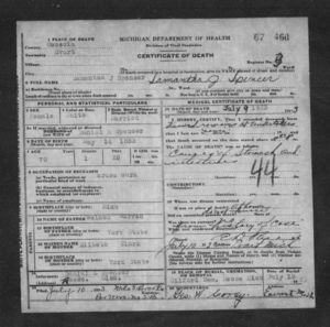 Samantha J. (Warren) Spencer - Death Certificate